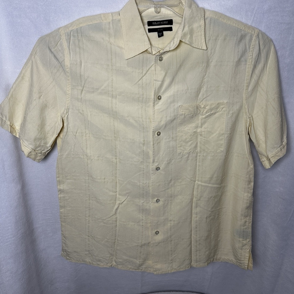 Murano Men's 100% Silk Button Up Shirt Short Sleeve Beige M Pockets